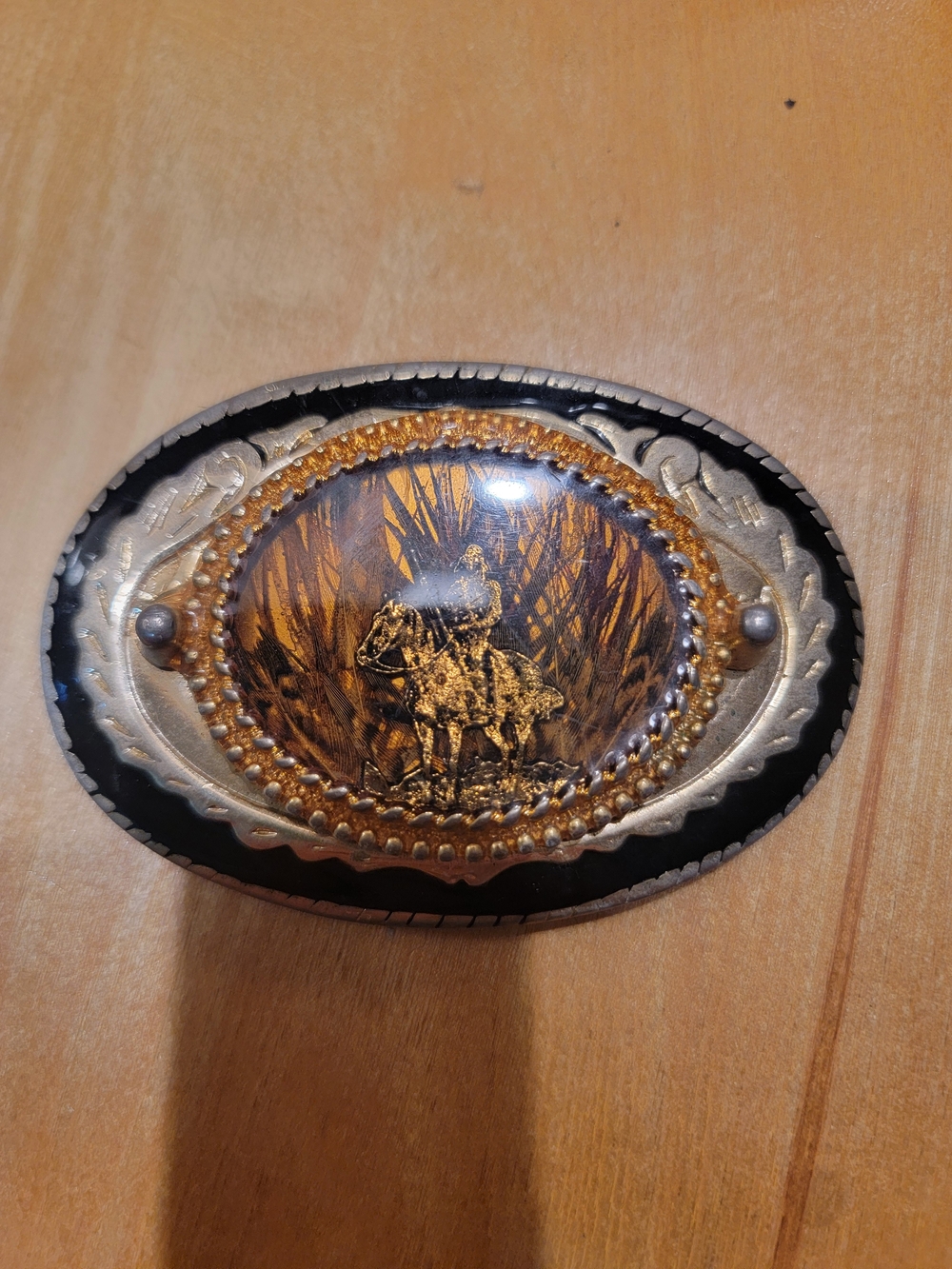 Vintage Western Horse & Rider Oval Belt Buckle - Black and Gold
